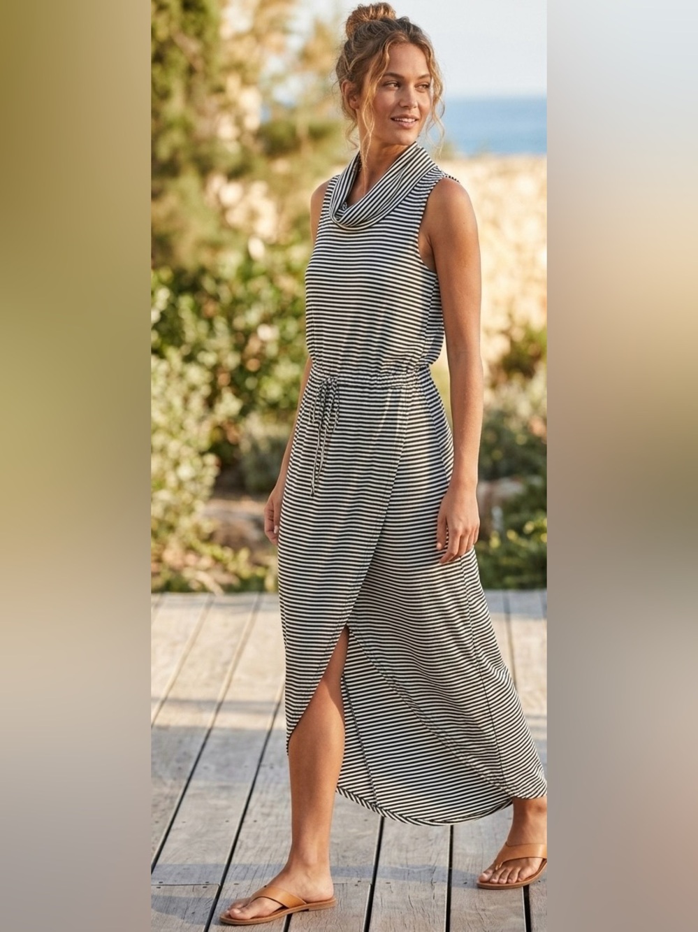 Anthropologie Dolan Left Coast Black Striped Cowl Neck Tulip Hem Maxi Dress  S